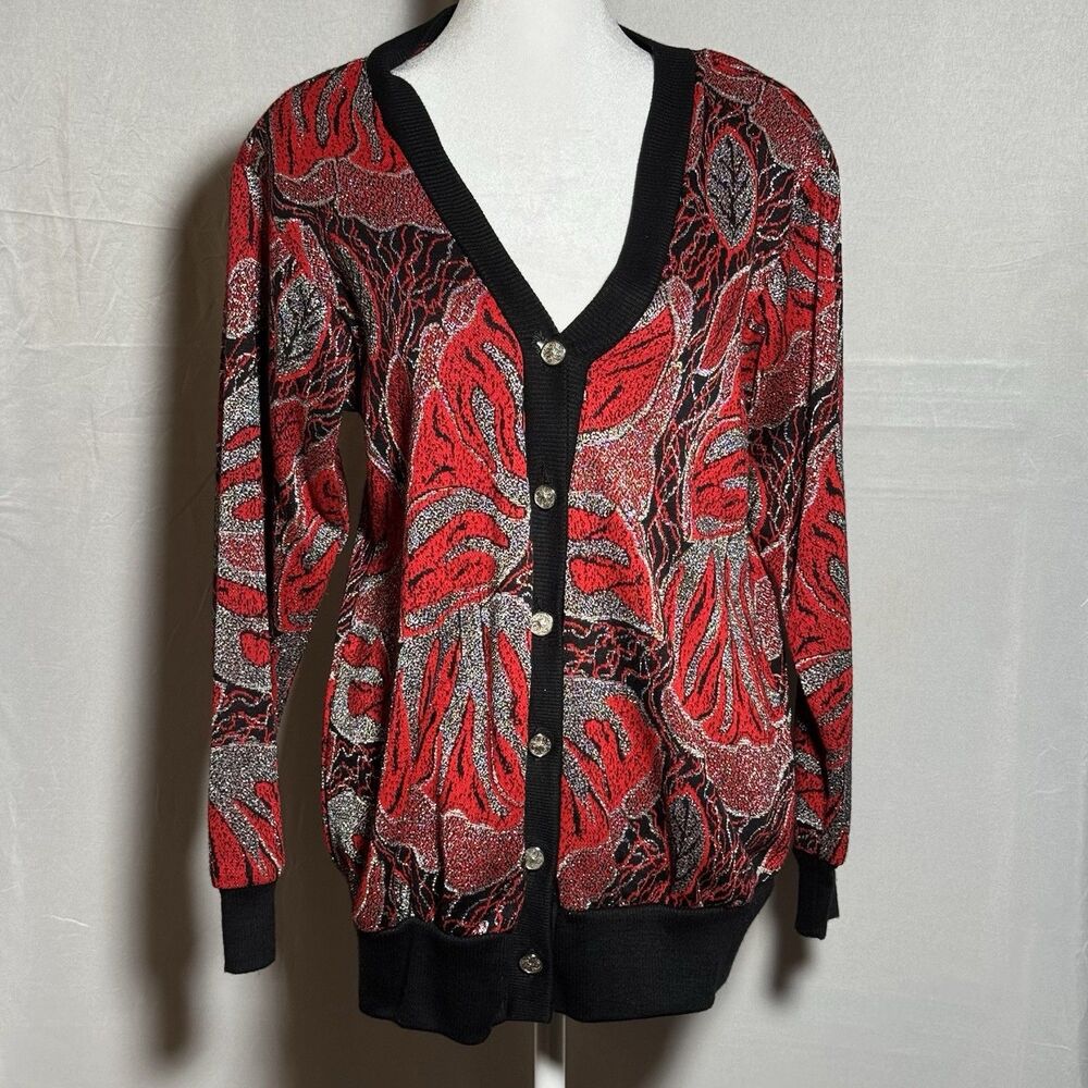 Vintage J.J. Rich Cardigan S Red Black Metallic Floral Made USA Gold Buttons